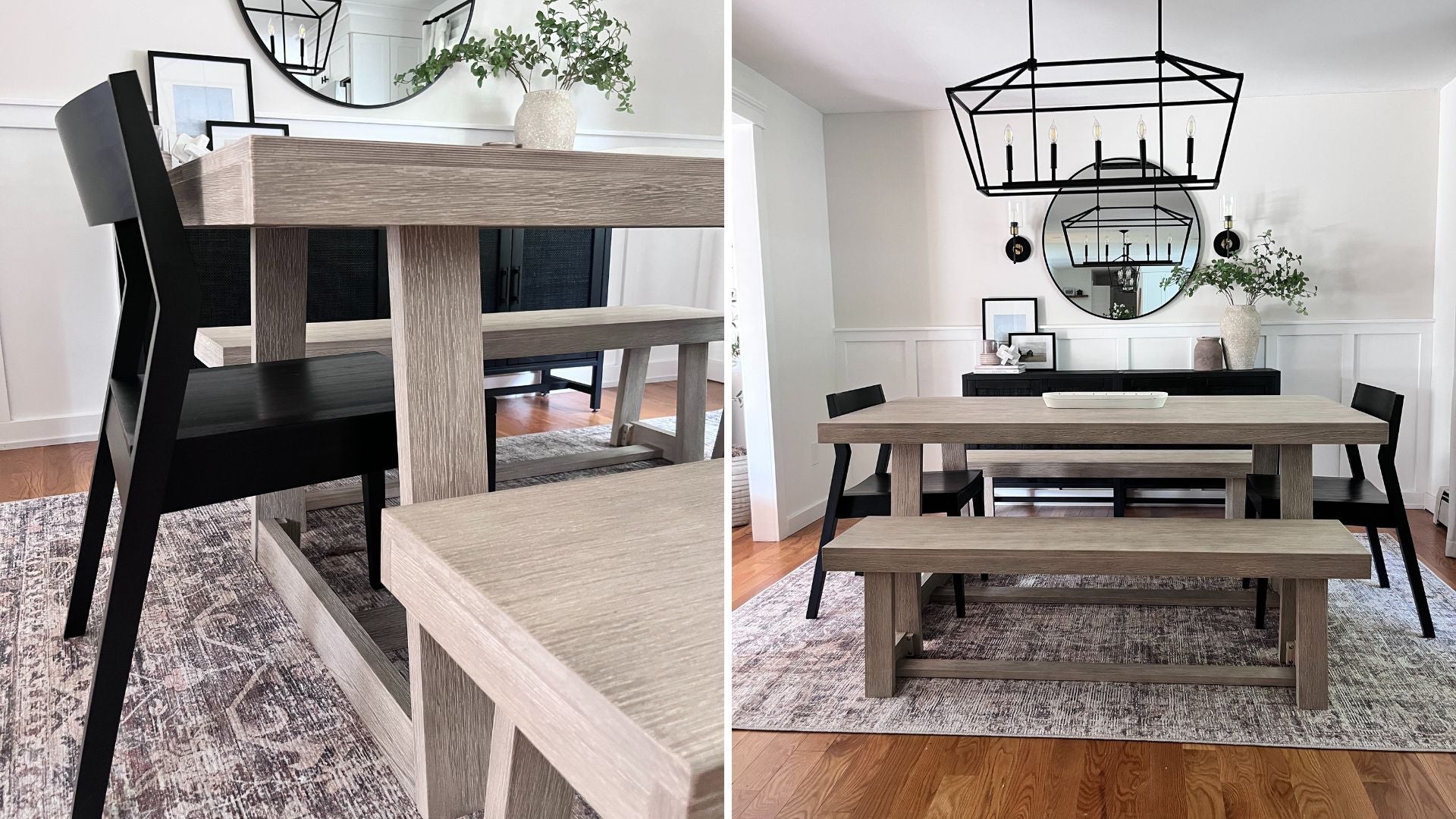 Solid wood black dining chairs with solid wood dining room table and dining benches in seashell